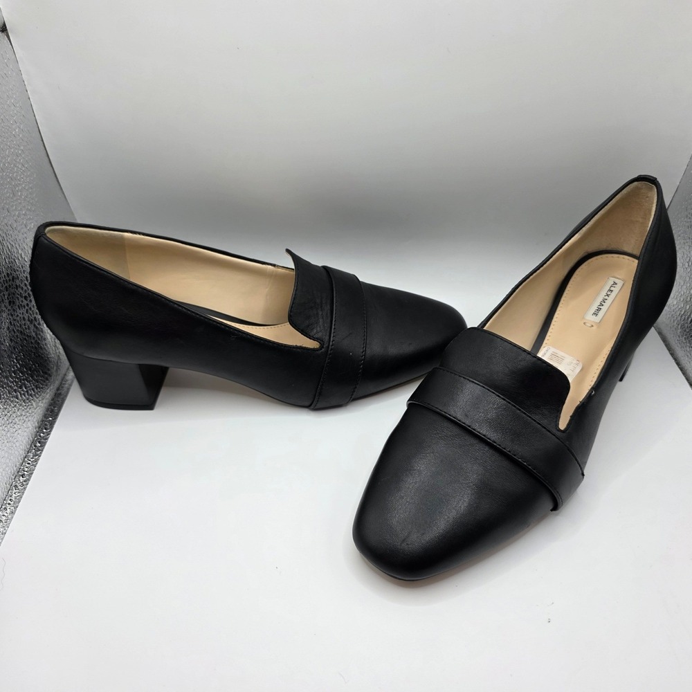 Alex Marie Black Leather Block Heel Penny Loafers Square Toe Menswear Style 9M